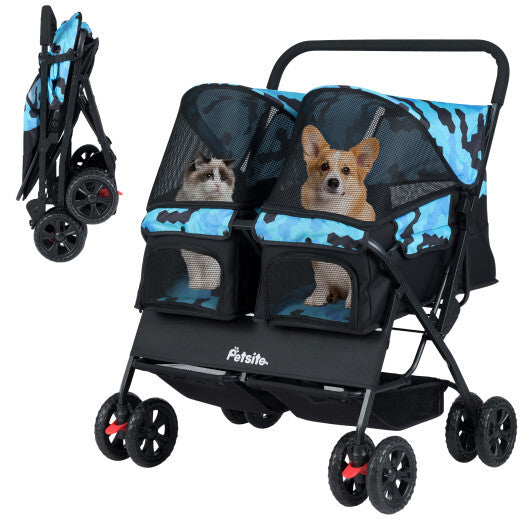 Foldable Double Pet Stroller with Adjustable Sunshade and Storage Basket-Gray