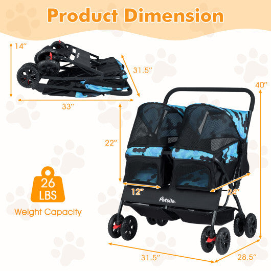 Foldable Double Pet Stroller with Adjustable Sunshade and Storage Basket-Gray