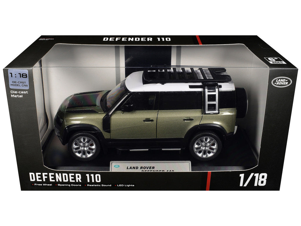 Land Rover Defender 110 Green Metallic with White Top and Roof Rack 1/18 Diecast Model Car by Heimanba