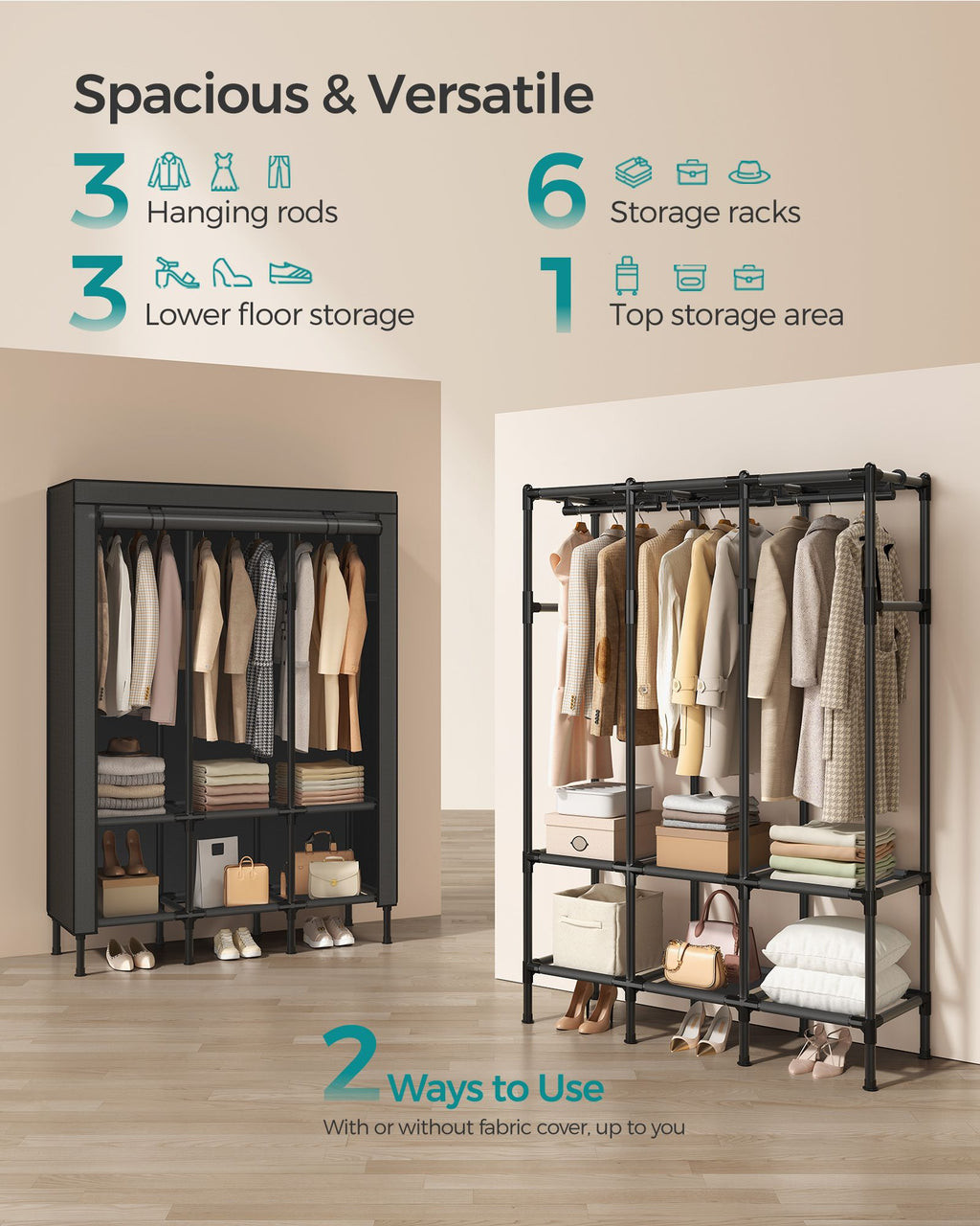 51.2 Inch Wardrobe Closet with 3 Hanging Rails and 6 Shelves
