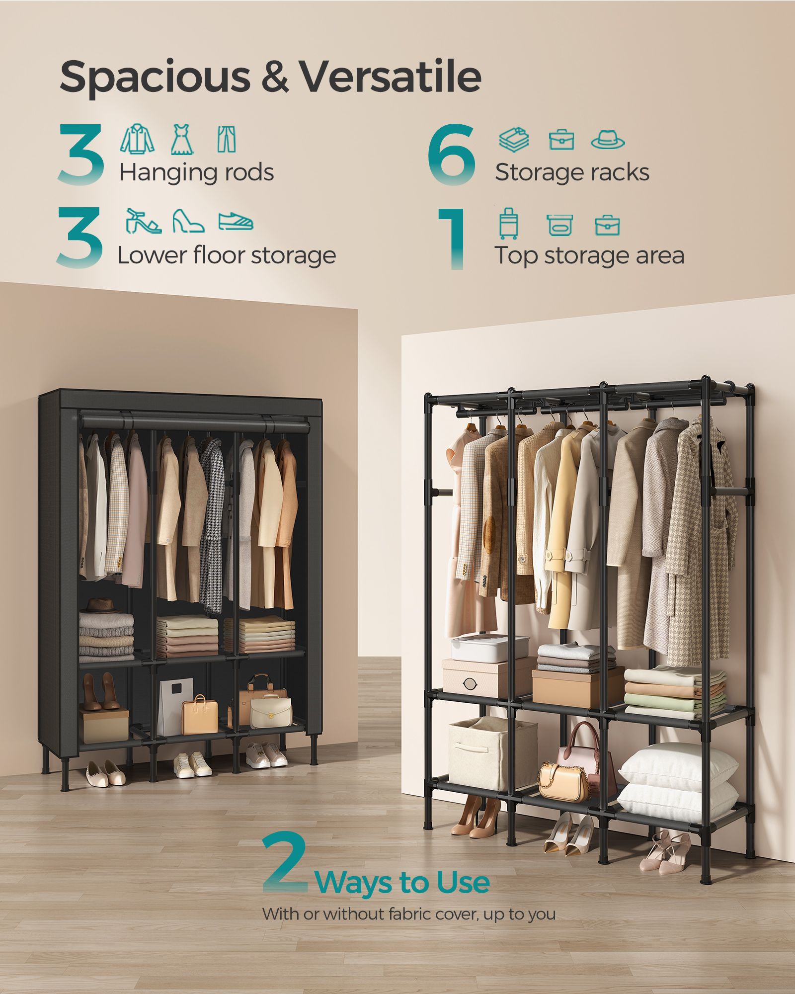 51.2 Inch Wardrobe Closet with 3 Hanging Rails and 6 Shelves