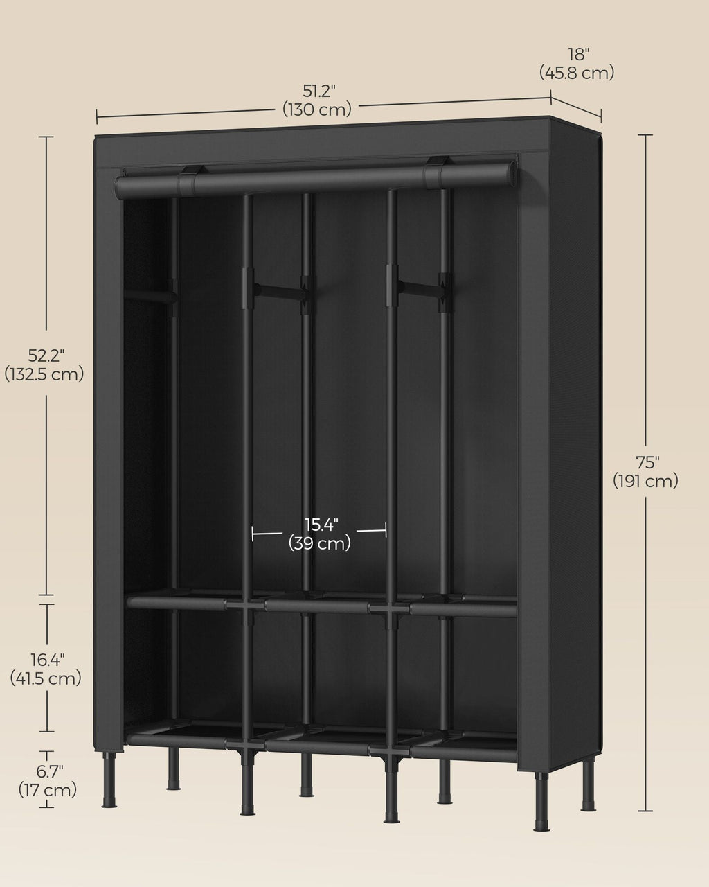 51.2 Inch Wardrobe Closet with 3 Hanging Rails and 6 Shelves