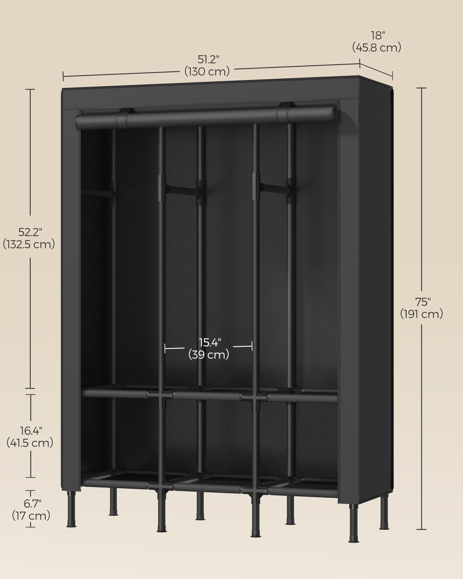51.2 Inch Wardrobe Closet with 3 Hanging Rails and 6 Shelves