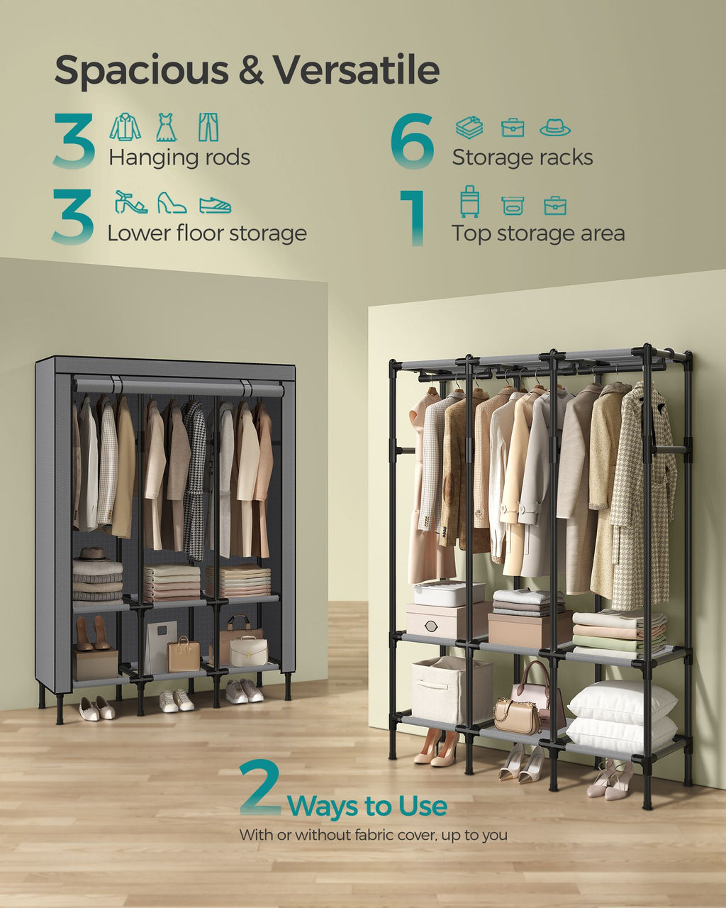 51.2 Inch Wardrobe Closet with 3 Hanging Rails and 6 Shelves