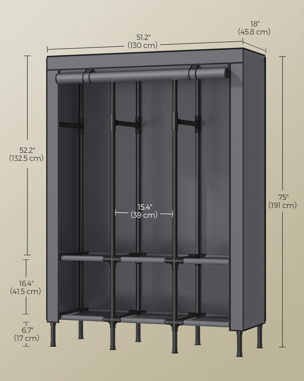 51.2 Inch Wardrobe Closet with 3 Hanging Rails and 6 Shelves