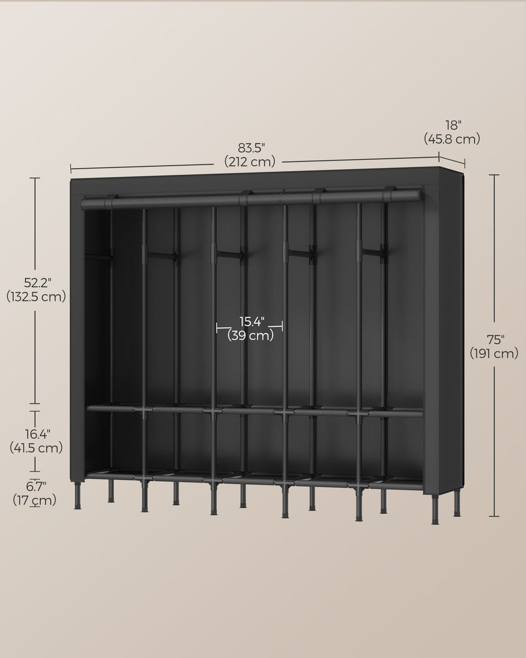 83.5 Inch Wardrobe Closet with 5 Hanging Rails and 10 Shelves