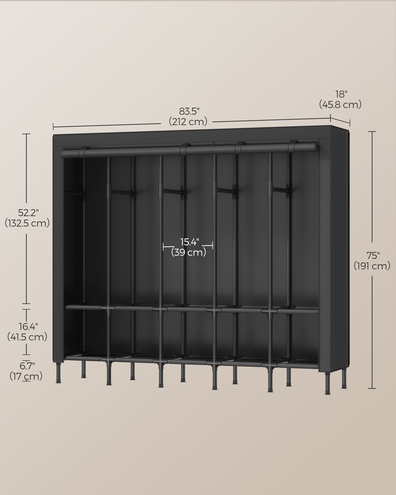 83.5 Inch Wardrobe Closet with 5 Hanging Rails and 10 Shelves
