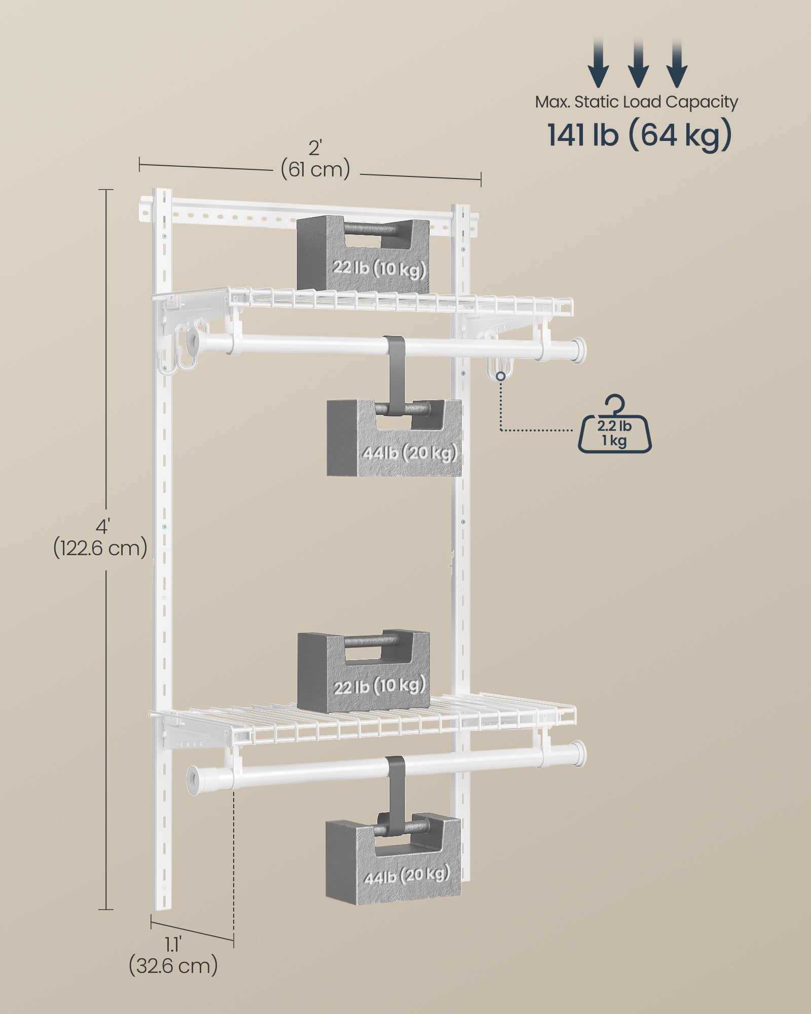 Closet System, 2-4 ft, with 2 Hanging Rods, 2 Shelves, Cloud White