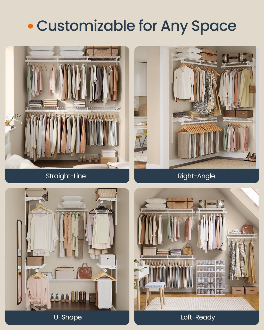 Closet Insert Organizer, 4-8 ft, with 6 Hanging Rods, 6 Shelves, Cloud White