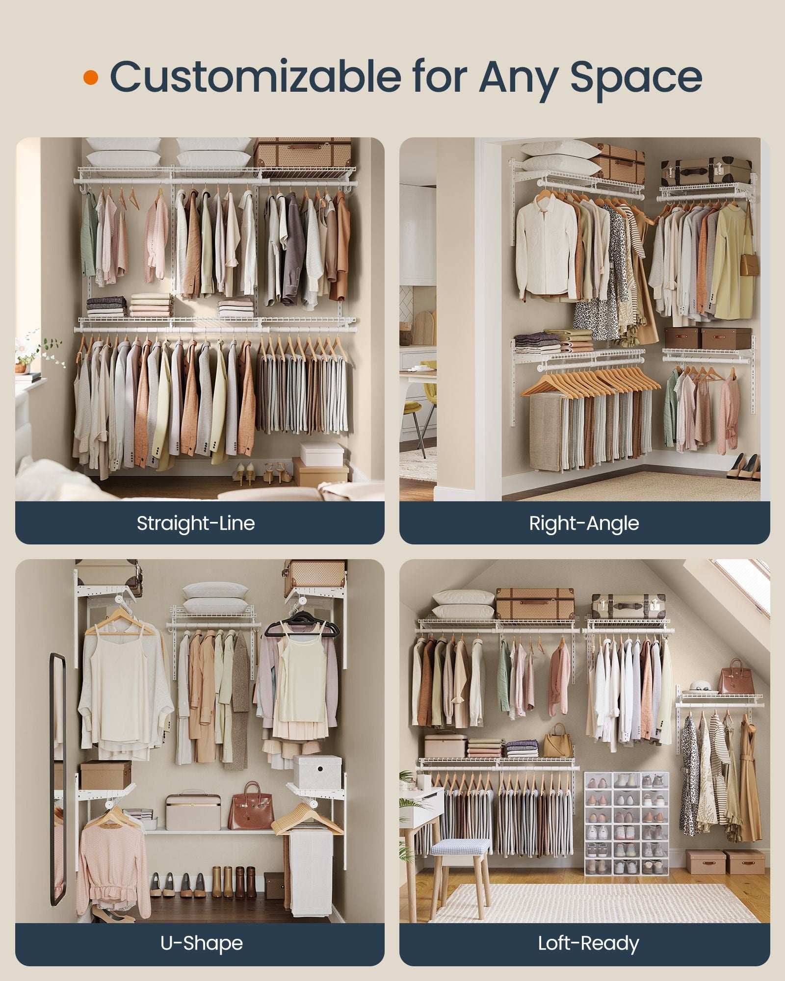 Closet Insert Organizer, 4-8 ft, with 6 Hanging Rods, 6 Shelves, Cloud White
