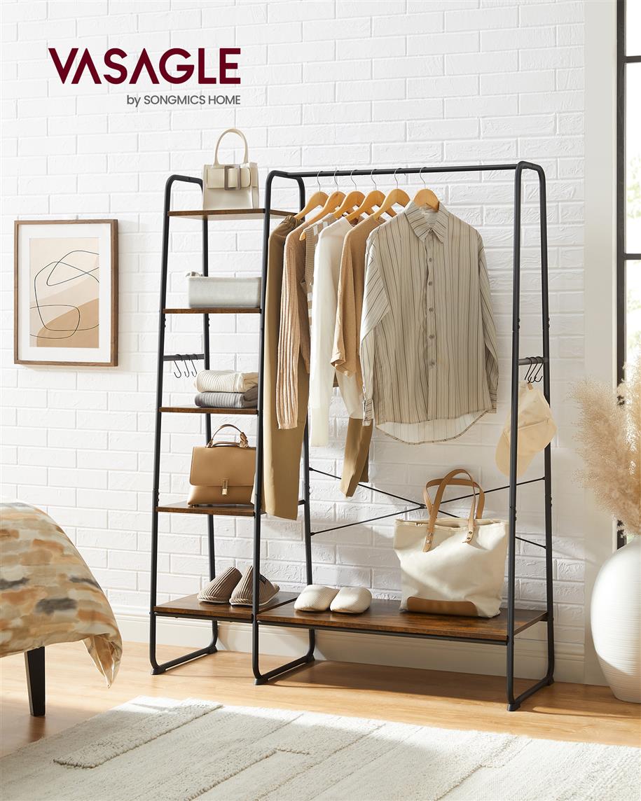 Clothes Rack with Shoe Shelf, 5-Tier Storage Rack, 6 Side Hooks
