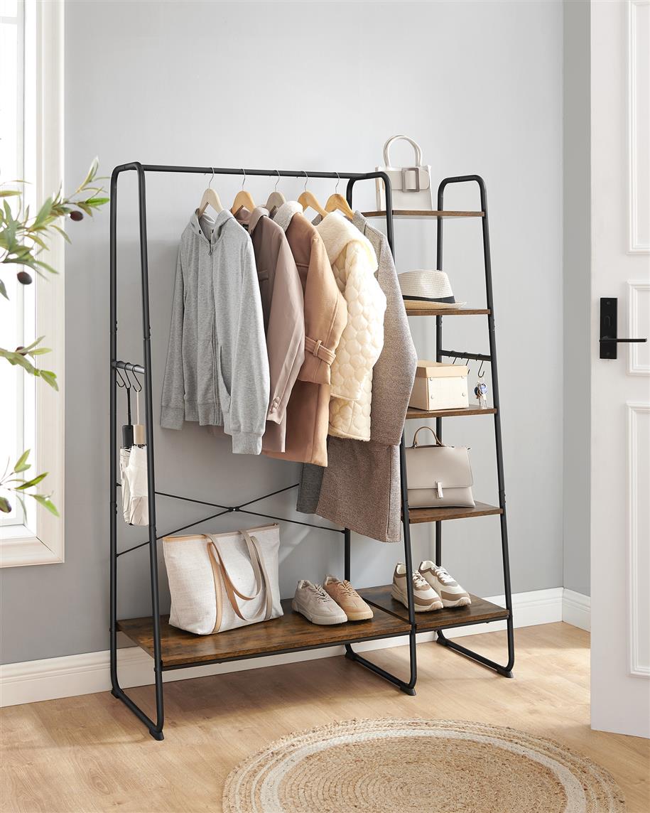 Clothes Rack with Shoe Shelf, 5-Tier Storage Rack, 6 Side Hooks