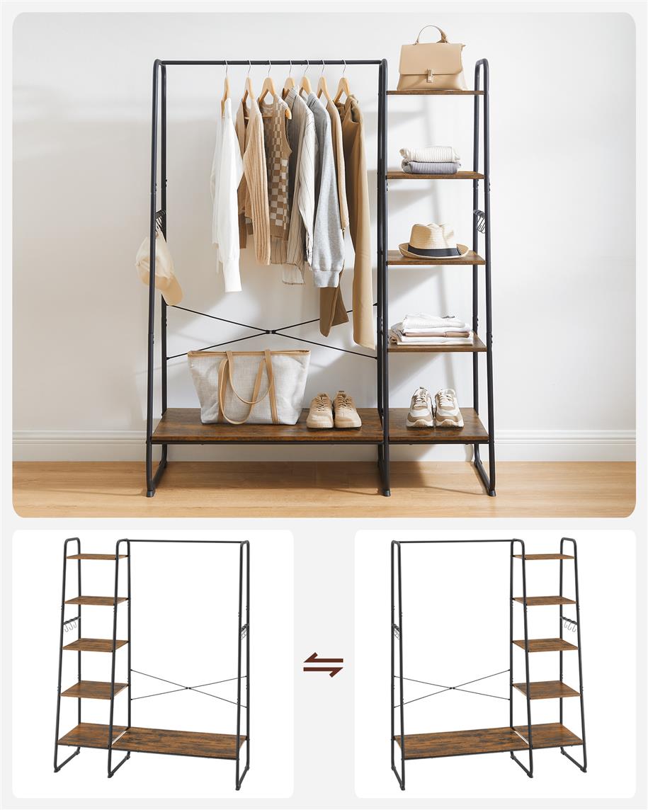 Clothes Rack with Shoe Shelf, 5-Tier Storage Rack, 6 Side Hooks
