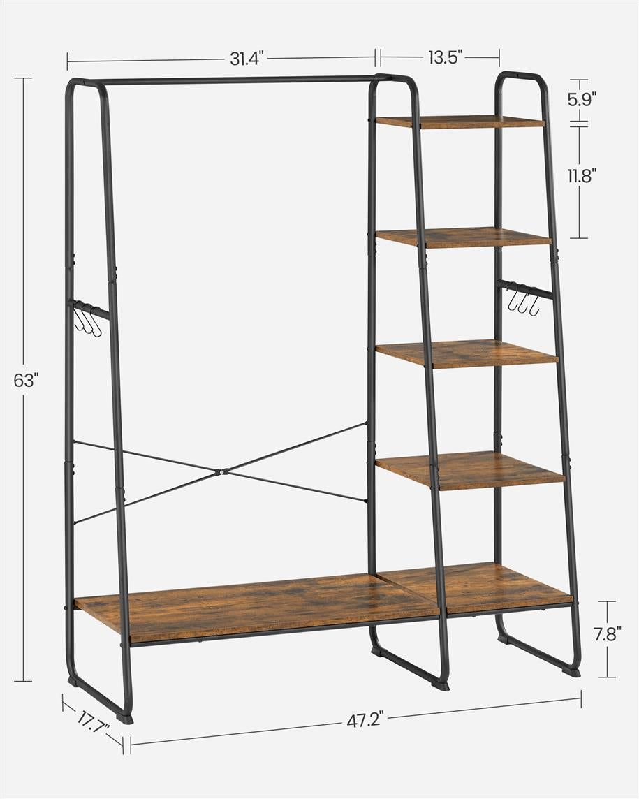 Clothes Rack with Shoe Shelf, 5-Tier Storage Rack, 6 Side Hooks