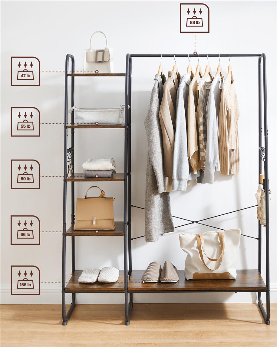 Clothes Rack with Shoe Shelf, 5-Tier Storage Rack, 6 Side Hooks