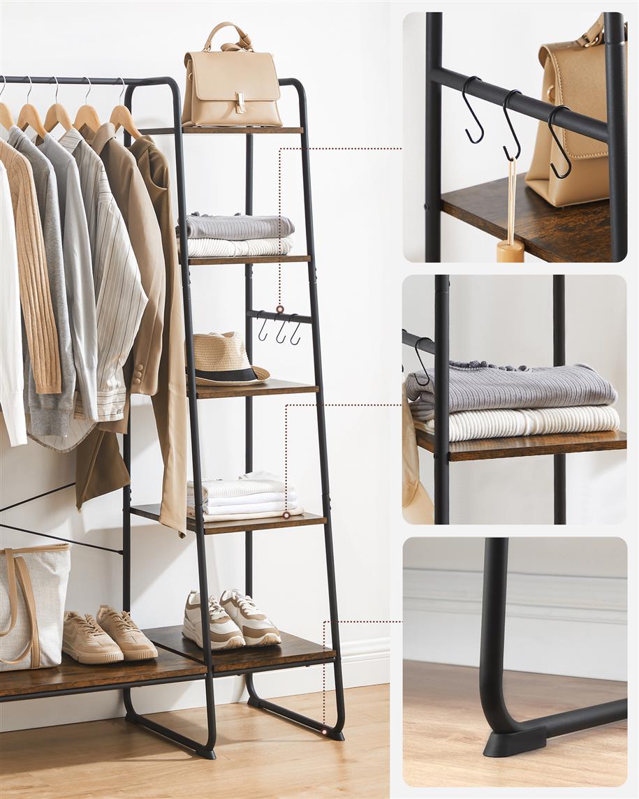 Clothes Rack with Shoe Shelf, 5-Tier Storage Rack, 6 Side Hooks