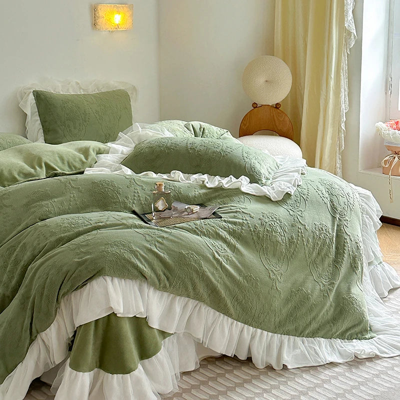 DecorBites™ French Carved Velvet Lace Ruffles Bedding Set, Coral Velvet Duvet Cover, Luxury Bed Sheet