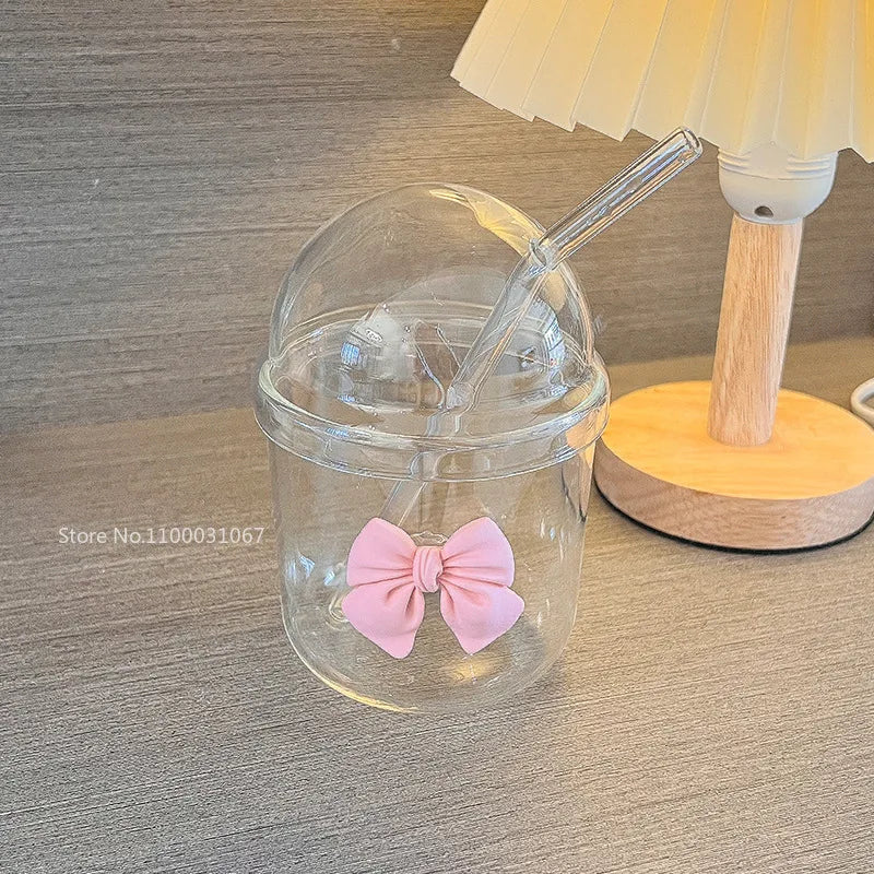DecorBites™ Glass Cup with Lid, Straw, and Pink Bow Tie: Cute, Simple, High-Value Coffee Cup
