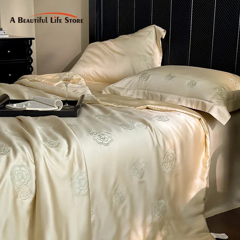 DecorBites™ Eucalyptus Fiber Flower Embroidery Quilt Set with Bed Sheet & Pillowcase