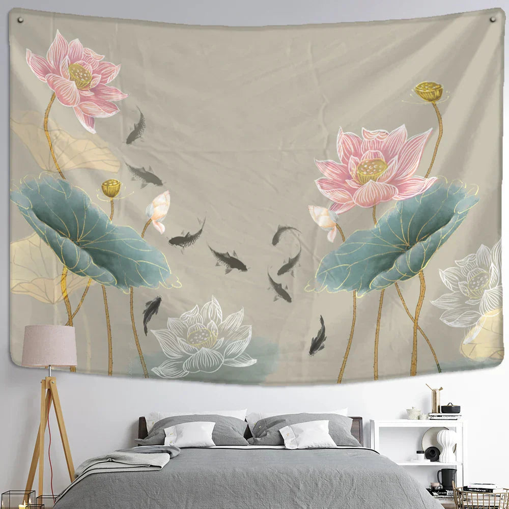 DecorBites™ Koi Lotus Ink Tapestry Wall Hanging - Bohemian Aesthetics Home Decor