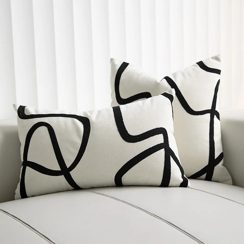 DecorBites™ Geometric Line Embroidered Pillowcase in Black White Beige Suede Canvas