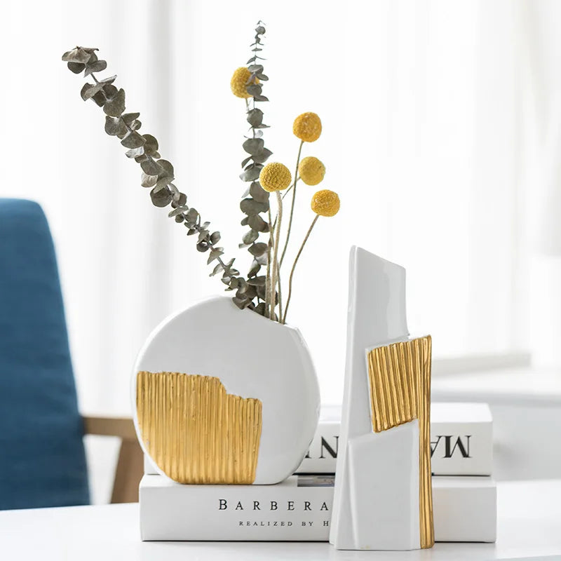 DecorBites™ Geometric Gold Striped Ceramic Vase for Flowers & Hydroponics