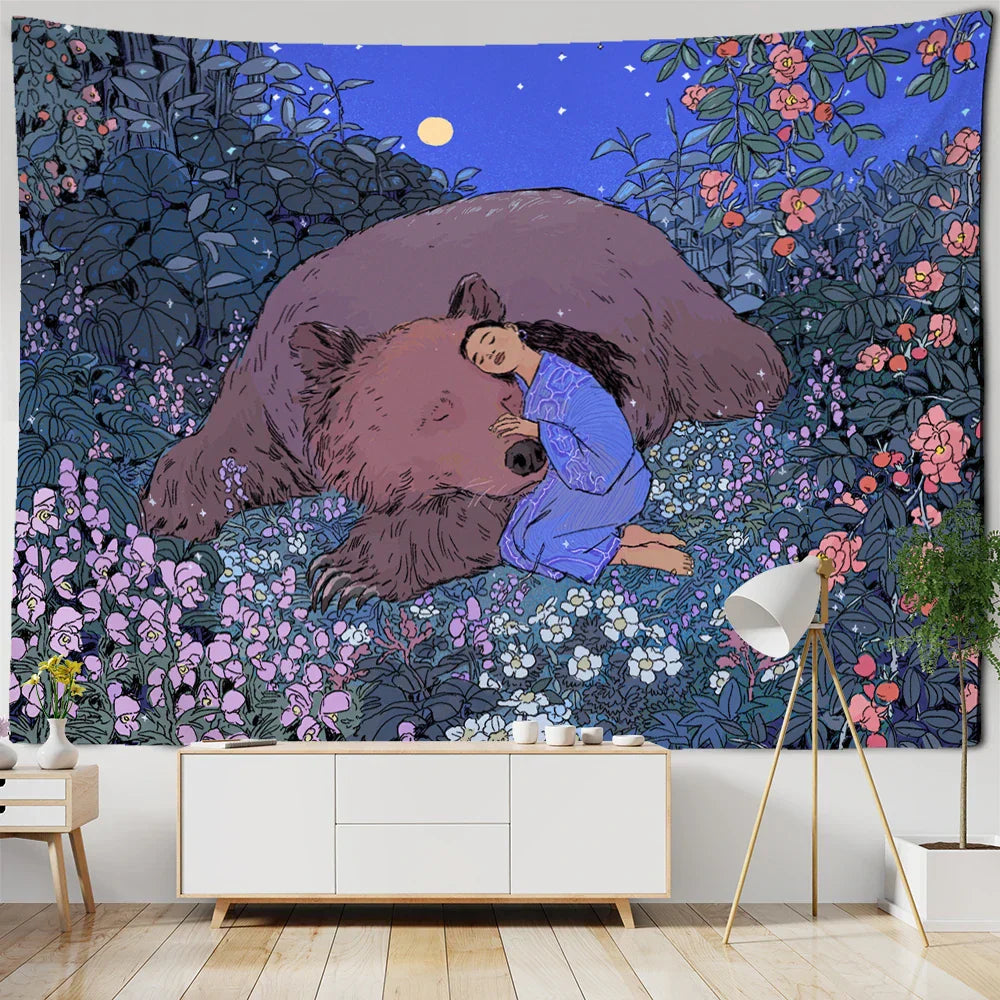 DecorBites™ Enchanted Forest Tapestry: Animals, Flowers, Moon - Home Decor