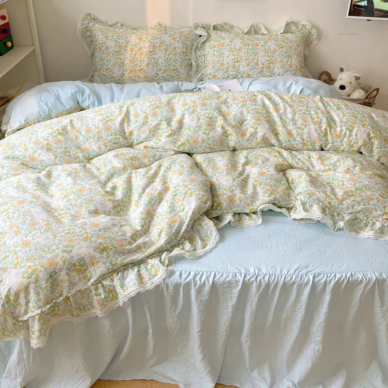 DecorBites™ Korean Lace Ruffles Bedding Set with Bed Skirt, Soft Skin-Friendly Material