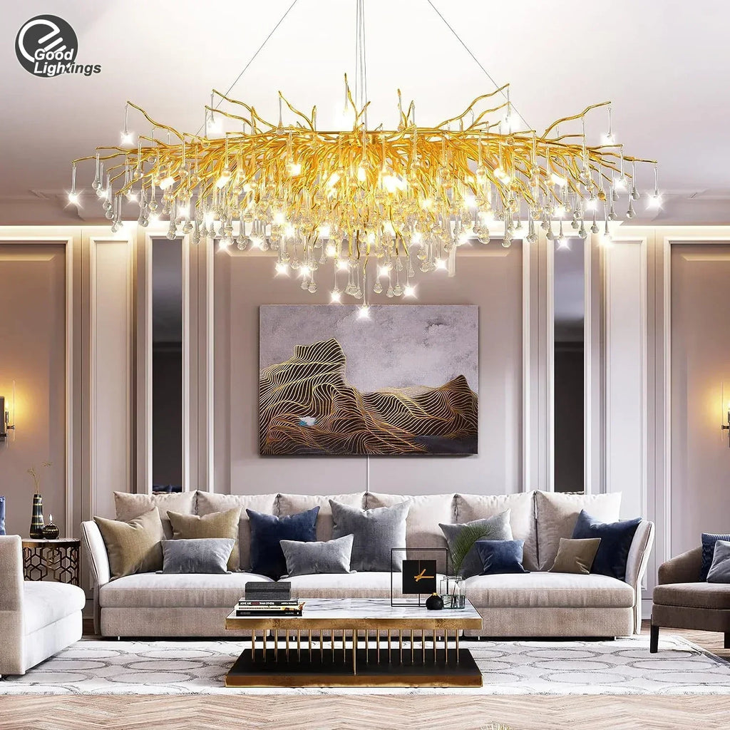 DecorBites™ Gold Nordic Crystal Chandelier - Long Branch Teardrop Design