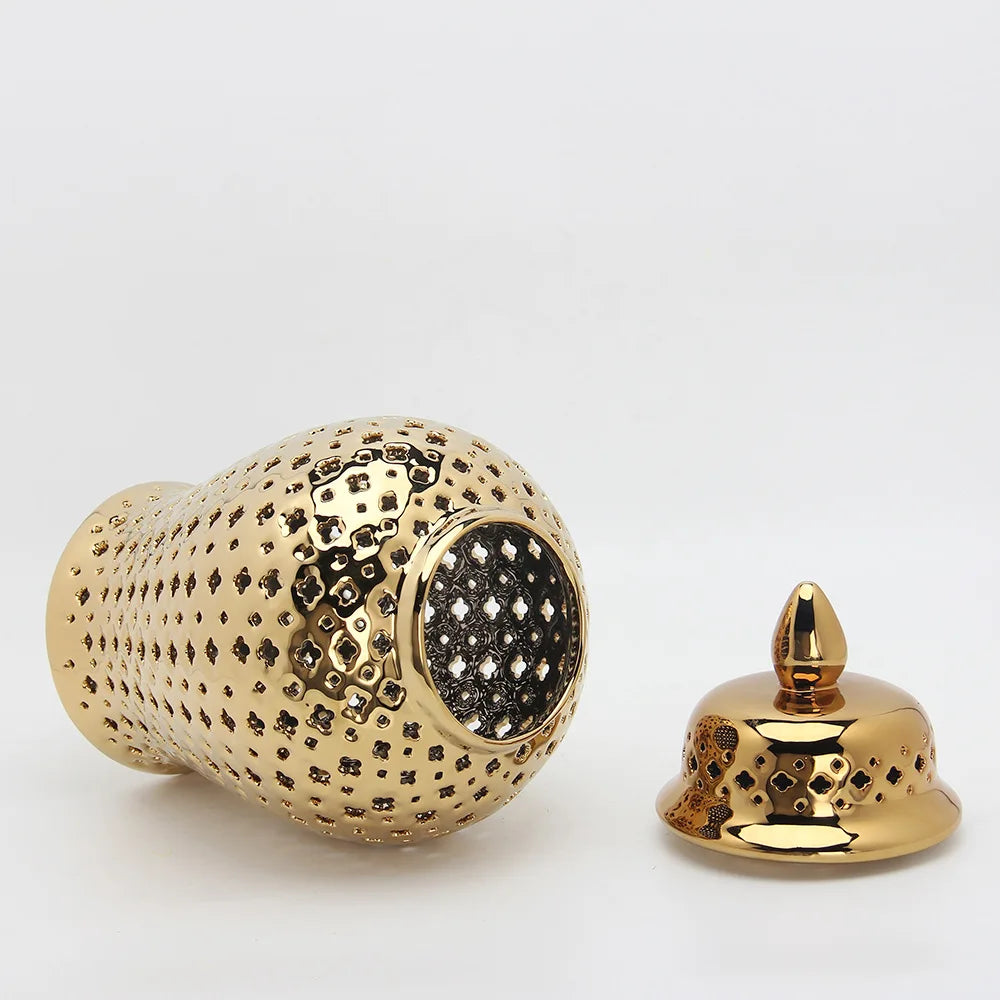 DecorBites™ Golden Ceramic Ginger Jar Home Decor Vase Pot Flower Arrangement Storage Jar