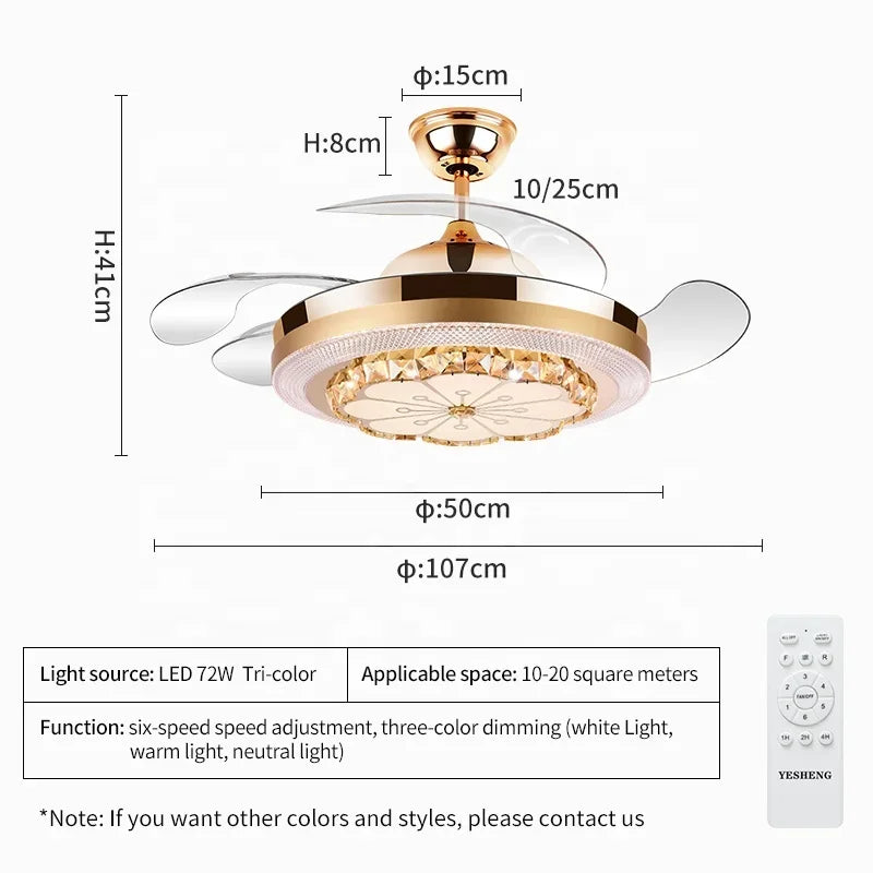 DecorBites™ Crystal Invisible Fan Lamp 42-Inch European Living Room Ceiling Fan Chandelier