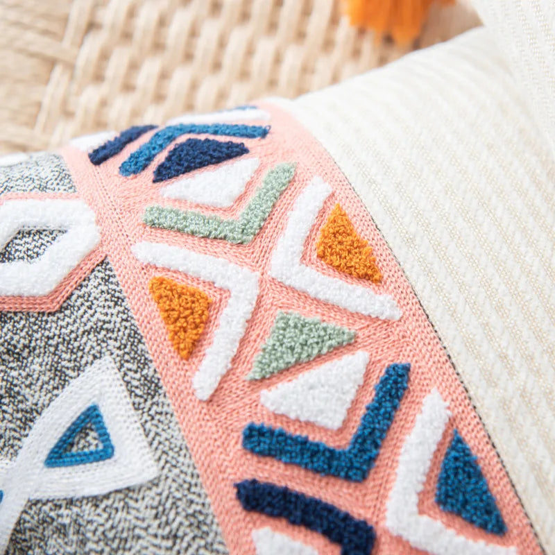 DecorBites™ Geometric Embroidered Cushion Cover with Tassels for Home Decor