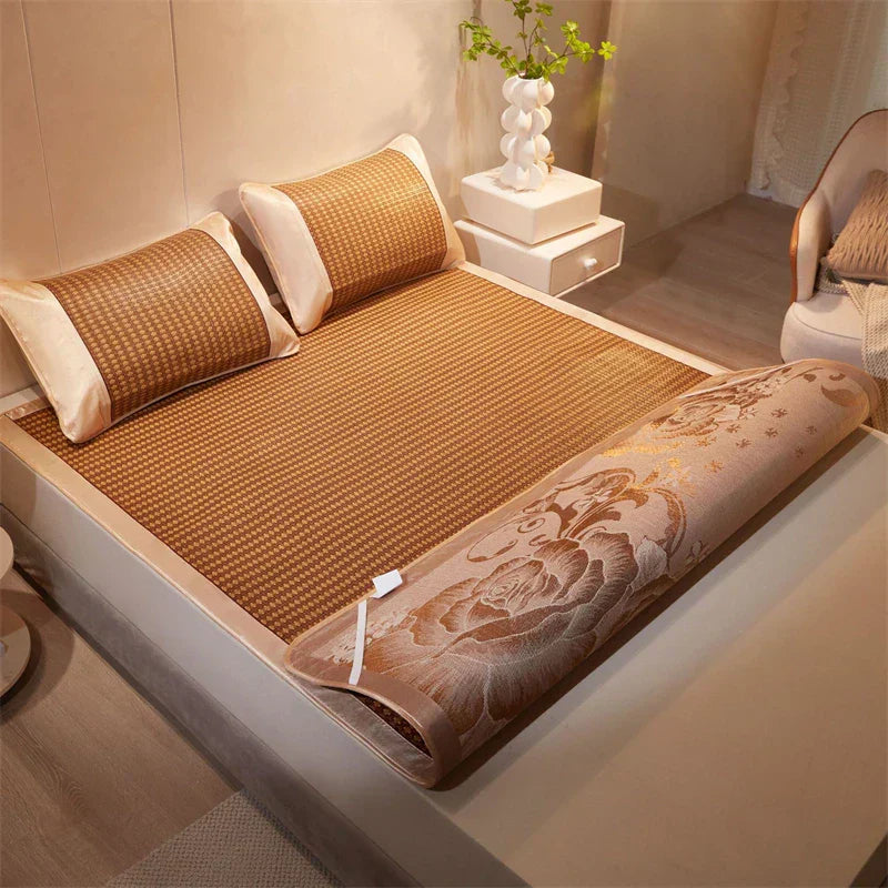 DecorBites™ Jacquard Cool Down Rattan Mat - Natural Rattan & Ice Rayon Bed Cooling Mat