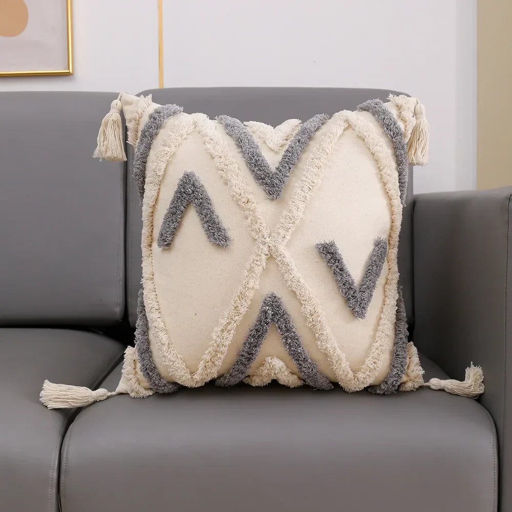 DecorBites™ Geometric Embroidery Cushion Cover with Tassel, Home Decor Pillowcase, Various Sizes