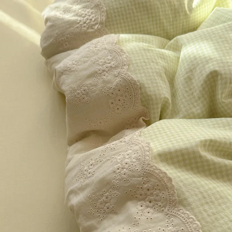 DecorBites™ Lace Duvet Cover Bedding Set 4Pcs French Washed Cotton for Single Double Bed