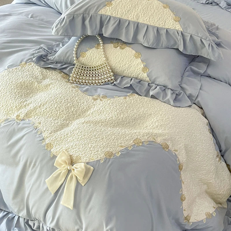 DecorBites™ Lace Embroidery Princess Bedding Set - Duvet Cover, Sheet, Pillowcases - Blue Pink Purple