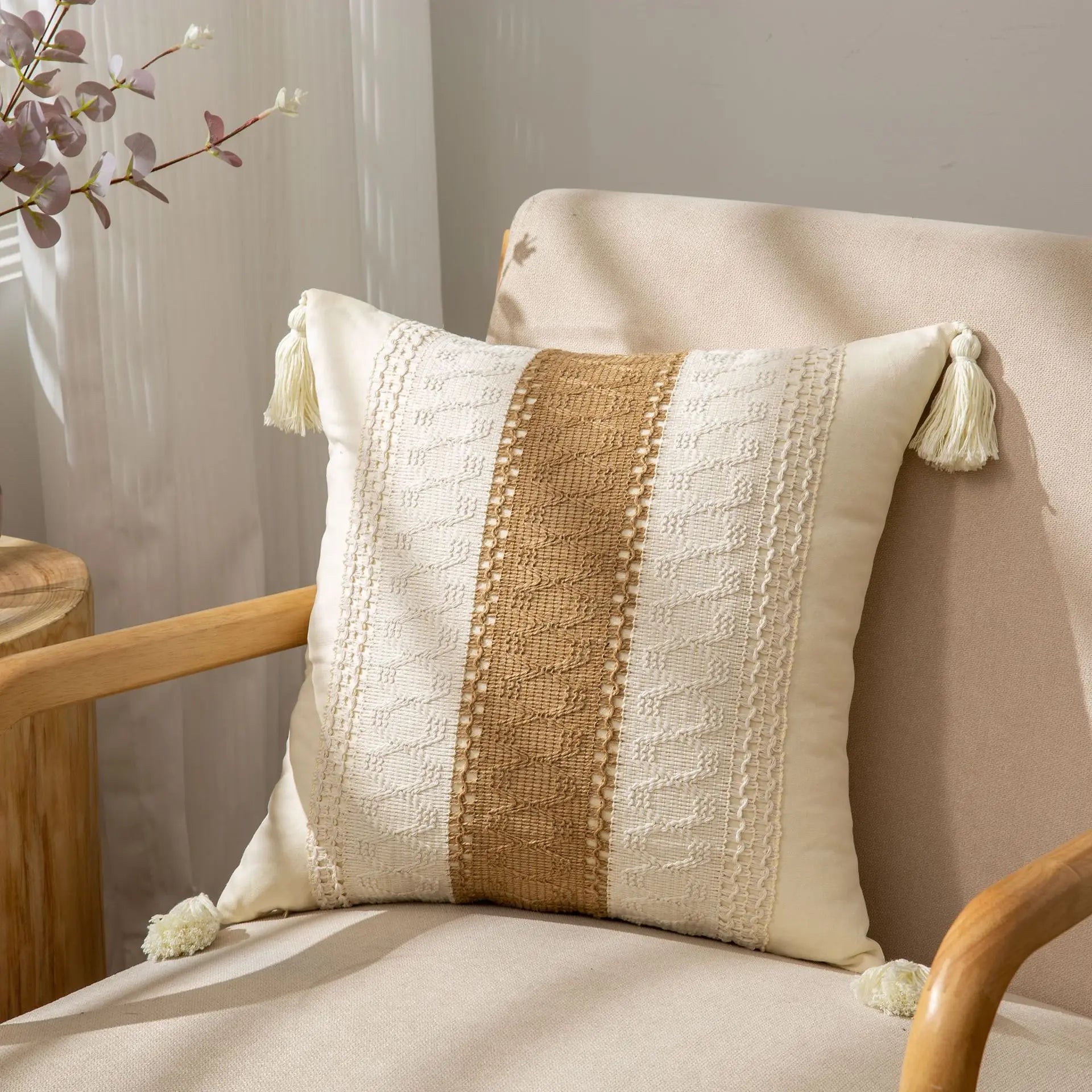 DecorBites™ Geometric Tassel Cushion Cover in Cotton and Linen for Living Room and Bedroom