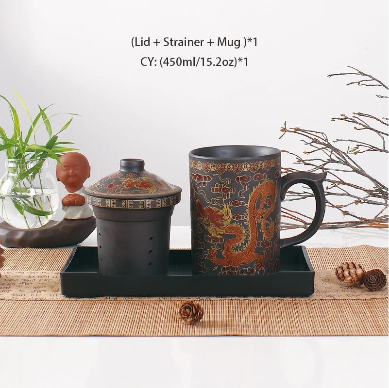 DecorBites™ Dragon Purple Clay Tea Mug with Lid Strainer, Handmade Yixing Teacup
