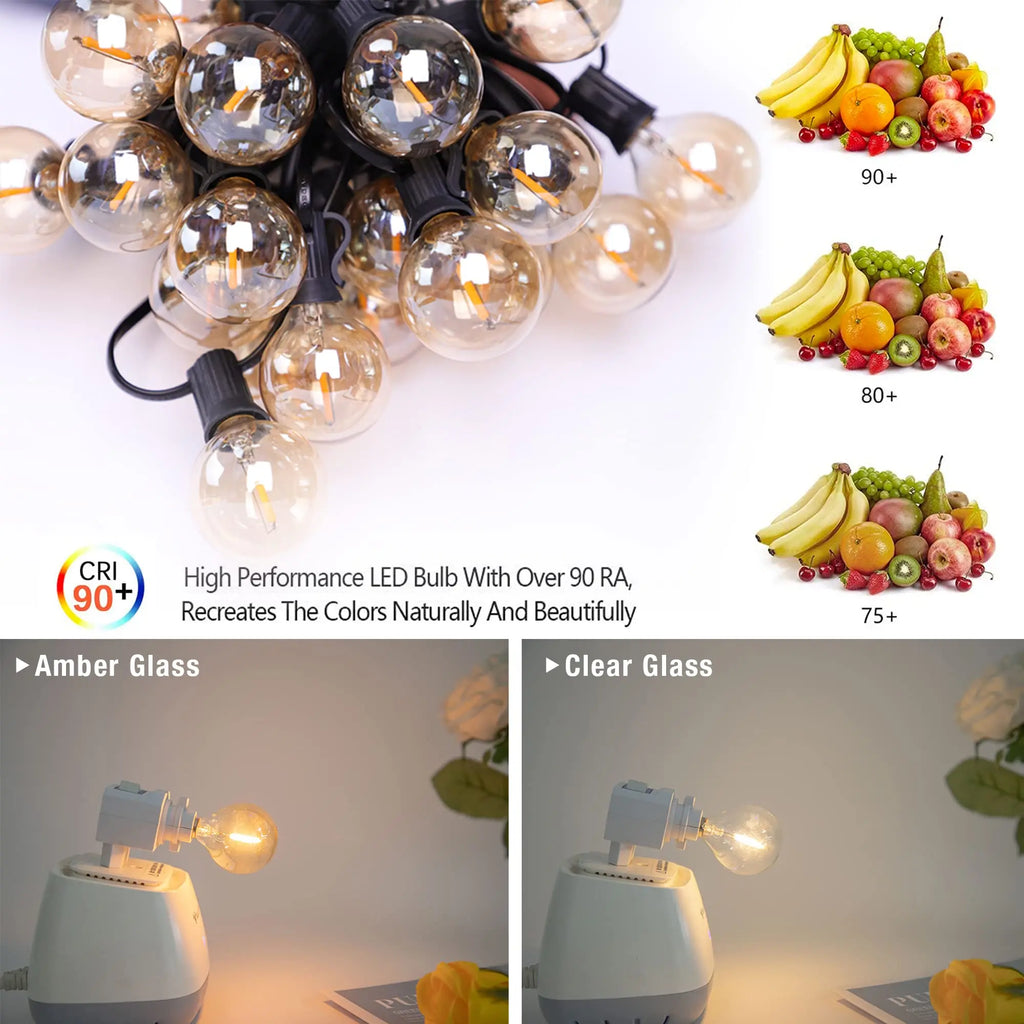 DecorBites™ G40 Amber Glass Warm White LED String Lights for Patio Decor, Dimmable 1W Eqv