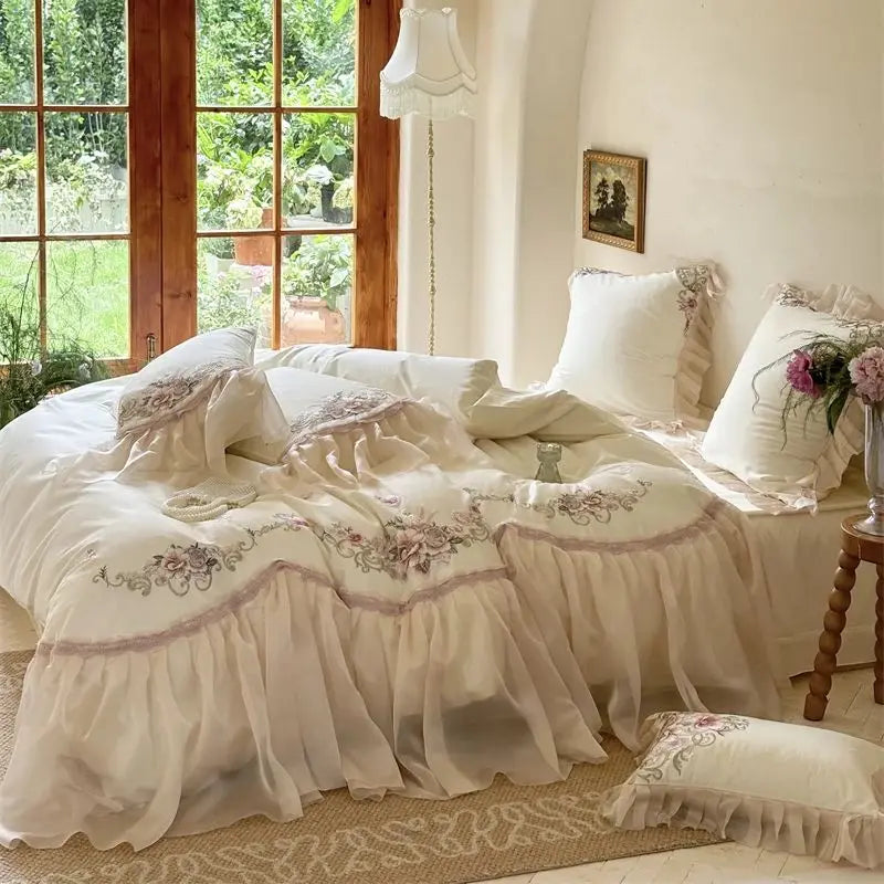 DecorBites™ Elegant Flowers Embroidery Lace Princess Wedding Bedding Set - 1200TC Cotton Duvet Cover