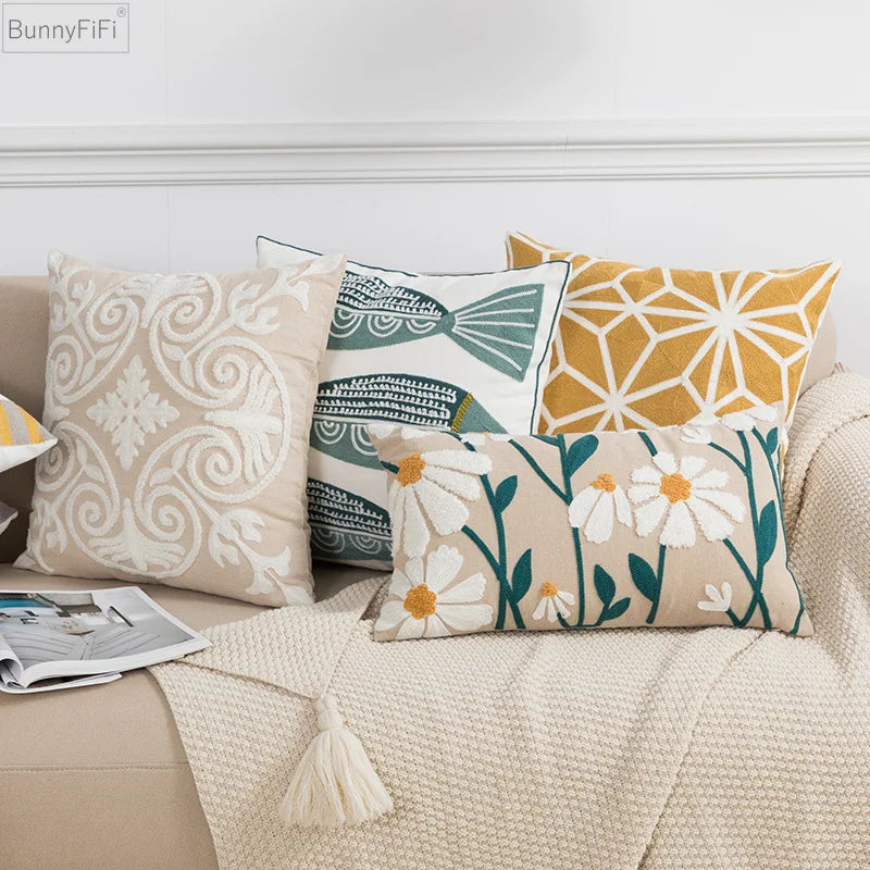 DecorBites™ Daisy Home Floral Geometric Embroidery Pillow Cover 45x45cm/30x50cm Yellow Blue