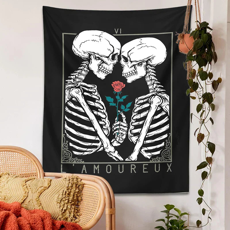 DecorBites™ Kissing Lovers Tarot Tapestry: Skeleton & Rose Hippie Room Decor
