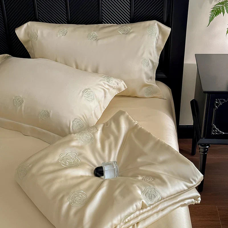 DecorBites™ Eucalyptus Fiber Flower Embroidery Quilt Set with Bed Sheet & Pillowcase