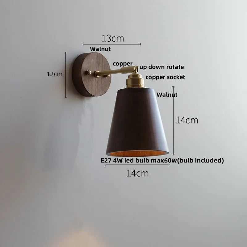 DecorBites™ Copper Lampshade LED Wall Sconce Pull Chain Switch Nordic Modern Walnut Wood Mirror Light