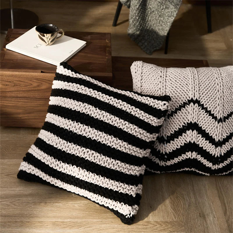 DecorBites™ Geo Knit Stripe Woven Square Pillow 45x45cm Black Ivory Insets