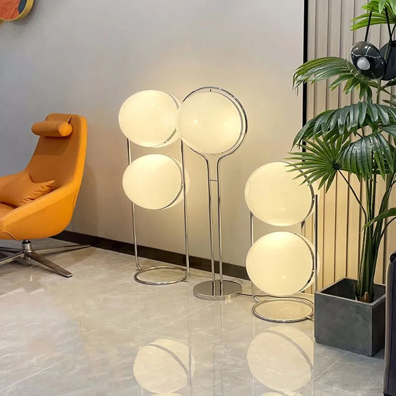 DecorBites™ Garrault LED Chrome Metal Ball Floor Lamp with White Acrylic Shade