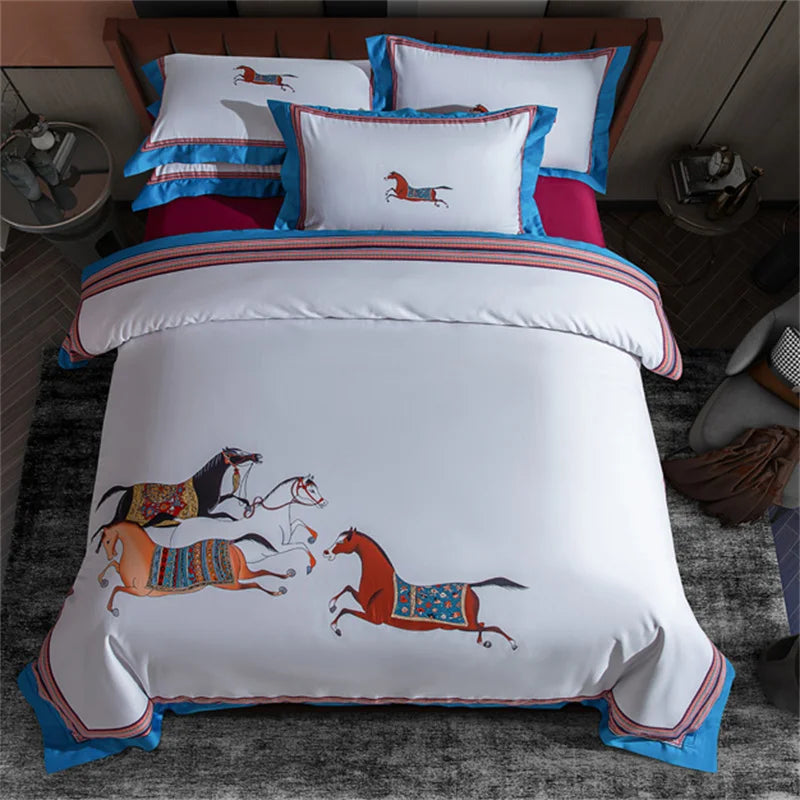 DecorBites™ Galloping Horse 1000TC Egyptian Cotton Bedding Set: Duvet, Sheet, Pillowcases - Soft & Comfy