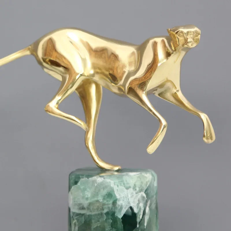 DecorBites™ Golden Leopard Brass Cheetah Green Marble Figurine Metal Decor Accessory