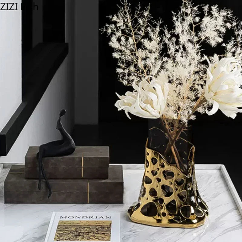 DecorBites™ Gold Plated Hollowed Vase for Desk Decoration and Floral Arrangement