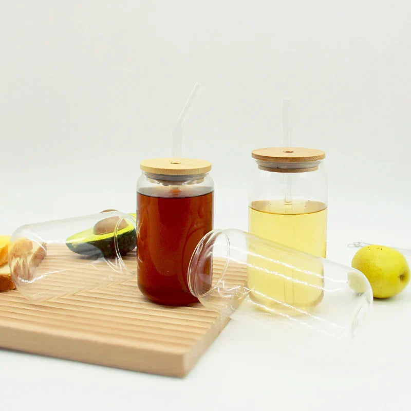 DecorBites™ Glass Cup Set with Bamboo Lid: Bubble Tea, Coffee, Wine, Milk Tea Mug.